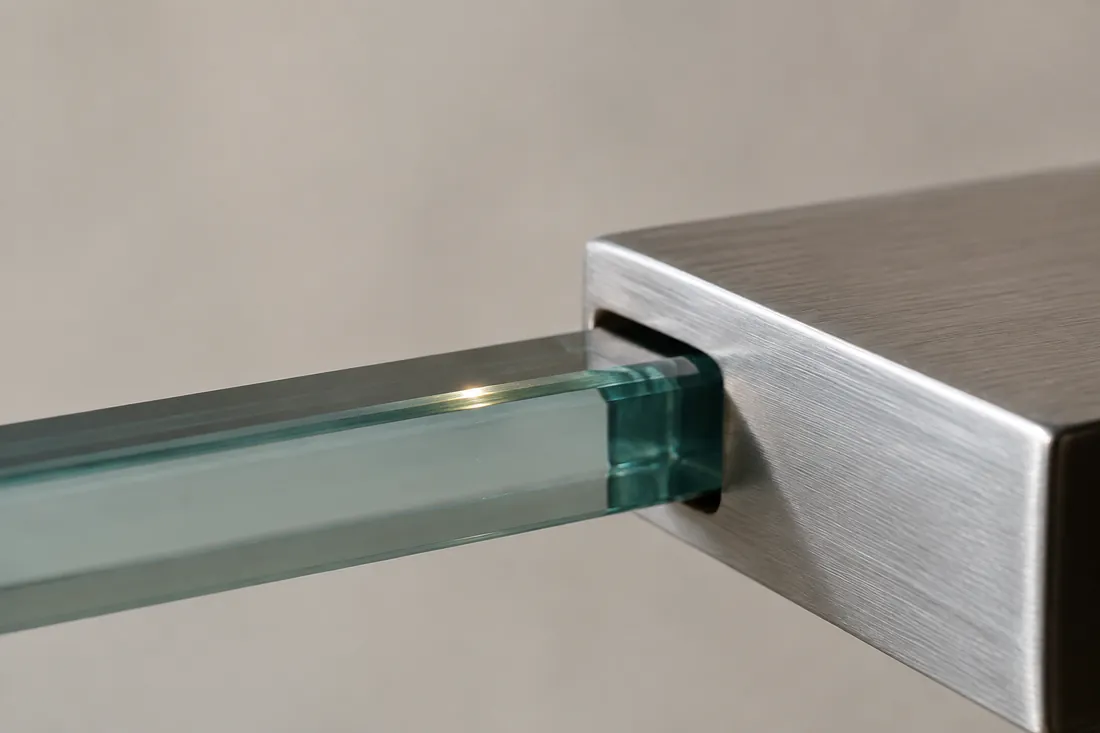 Detalhe da borda polida de uma placa de vidro temperado encaixada em ferragem de inox escovado